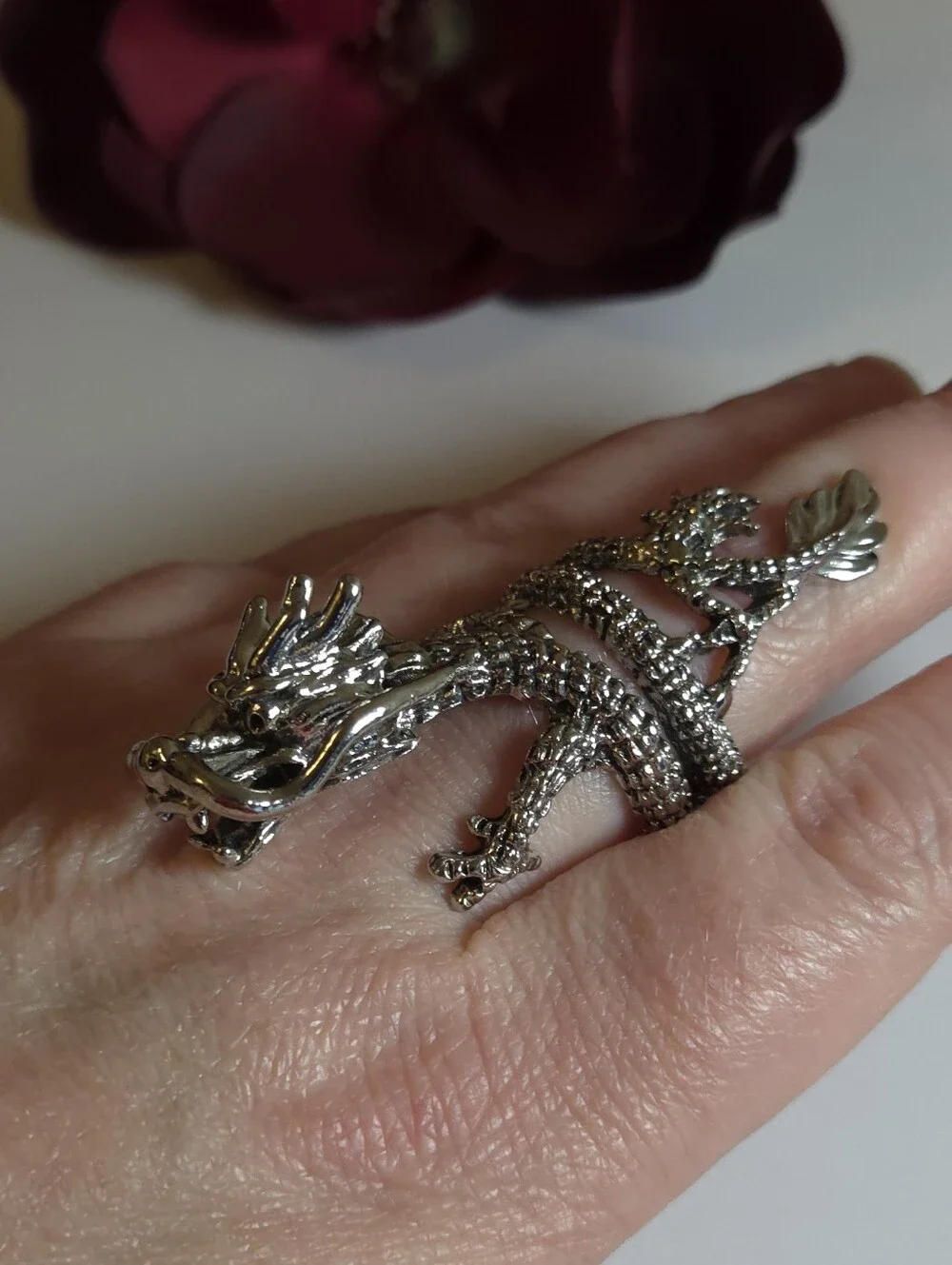 Silver Plated Dragon Tail Wrap Around Ring Size 8 Statement Ring Unisex